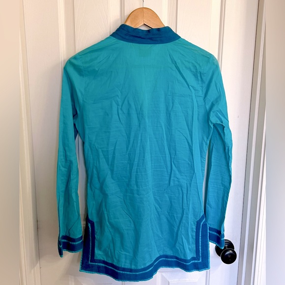 Tory Burch Teal with Navy Trim V-Neck Long Sleeve Tunic Top Size 6 - Picture 2 of 6